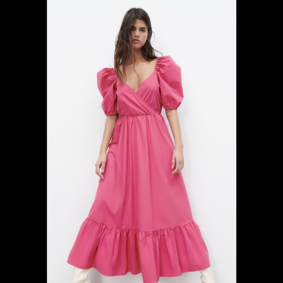 ZARA | NWT FUCHSIA PUFF SLEEVES MIDI DRESS BLOGGERS FAVORITE - Picture 7 of 10